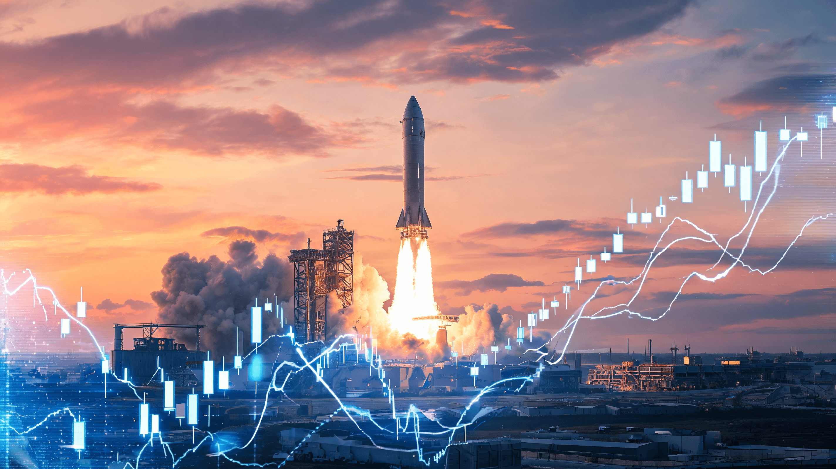 A futuristic SpaceX Starship rocket lifting off from a launch pad at sunset, with a digital overlay