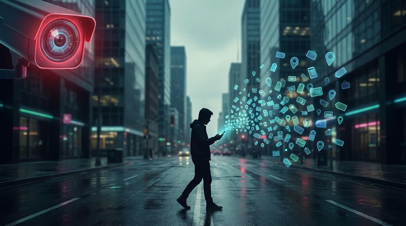 A dark, atmospheric digital art piece showing a silhouette of a person walking on a city street, whi