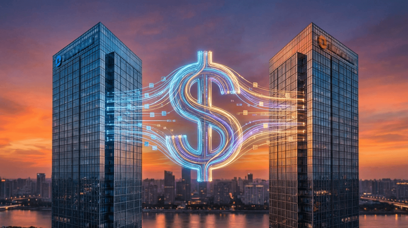 A massive glowing dollar sign constructed from digital payment data flowing between two corporate gl