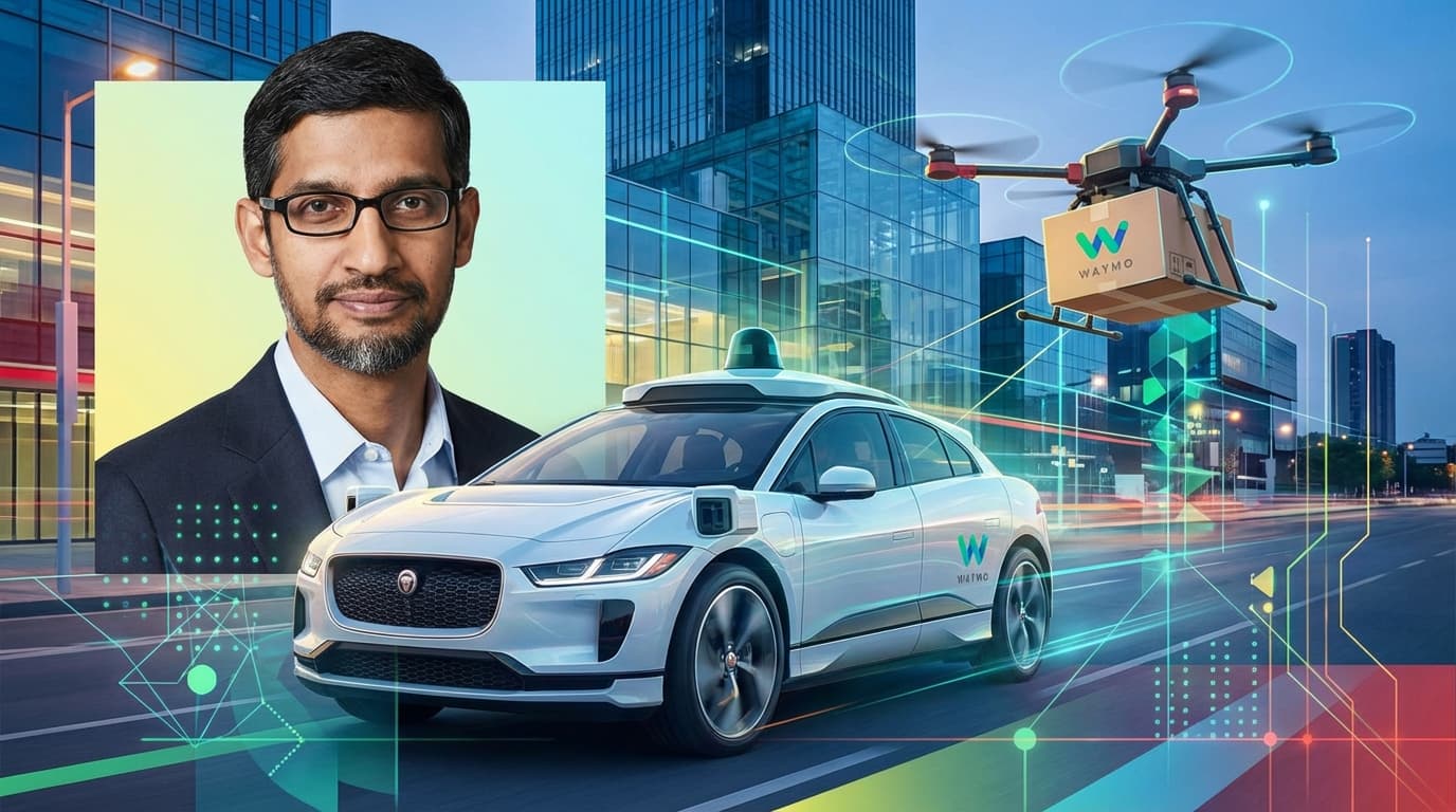 A professional portrait of Sundar Pichai with a background overlay of a futuristic Waymo autonomous