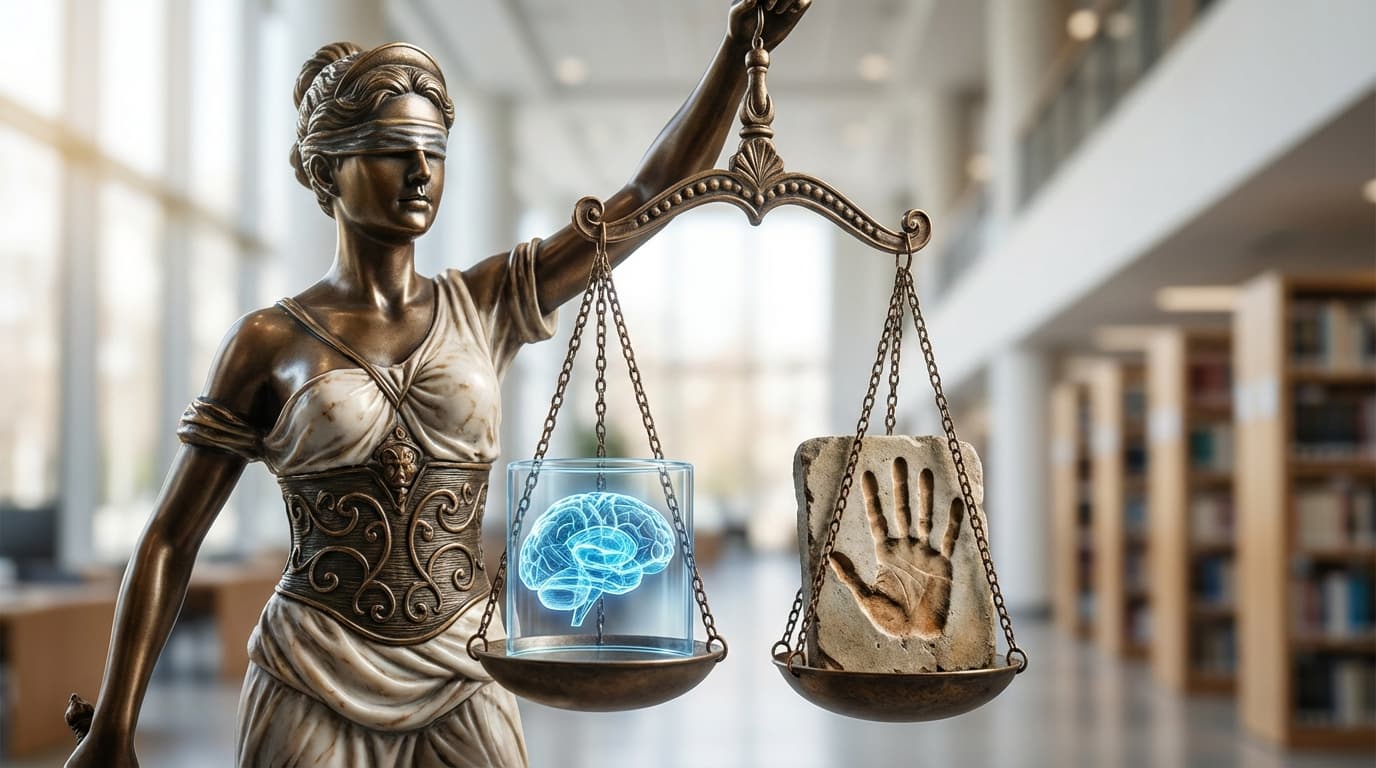 A symbolic depiction of a classic marble courtroom statue holding a scale, with one side of the scal