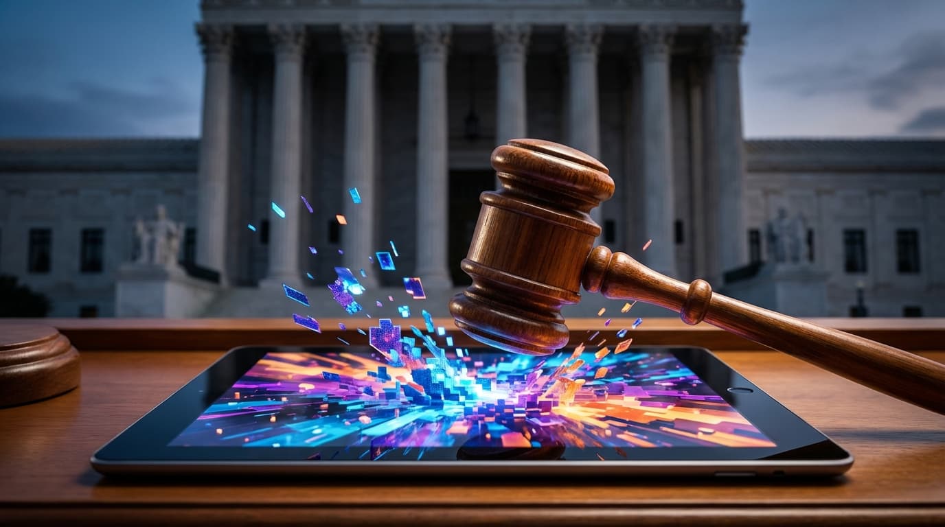 A courtroom scene where a gavel is hitting a digital tablet displaying a colorful AI-generated paint