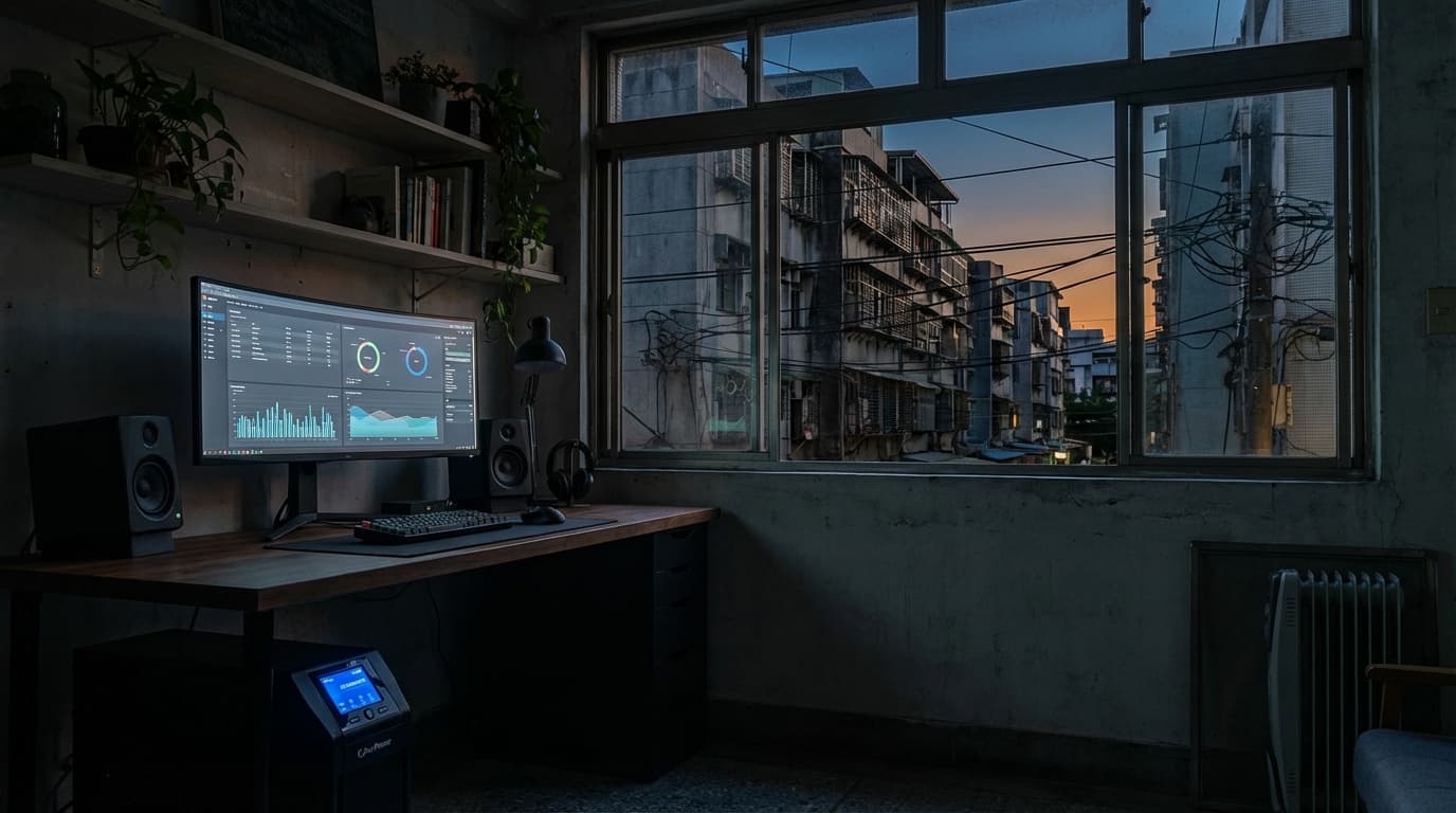 A high-end cinematic shot of a modern dark-themed PC setup in a slightly aged Taiwanese apartment. A