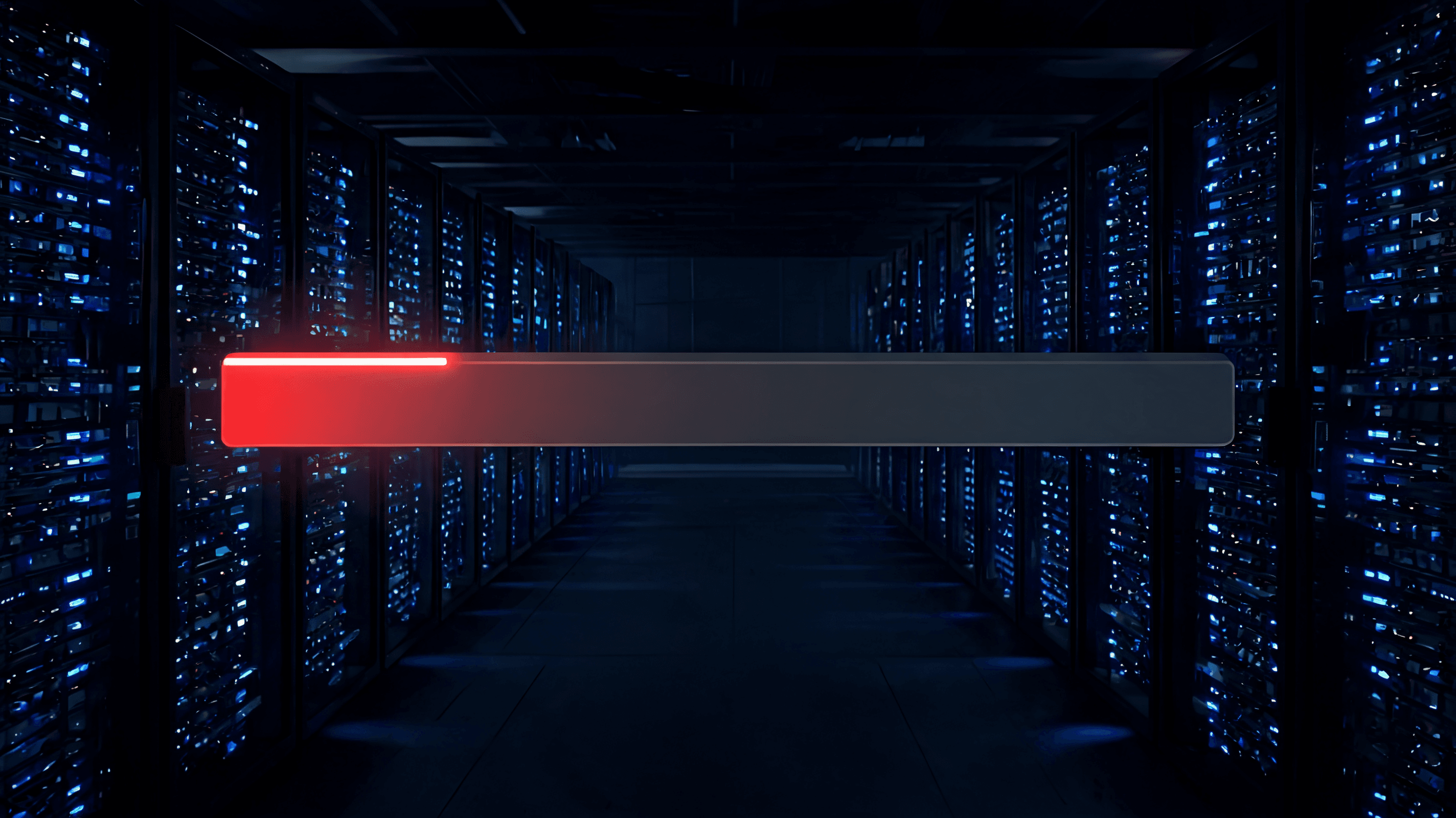 A modern, massive data center with rows of glowing servers, in the foreground a single 5% progress b