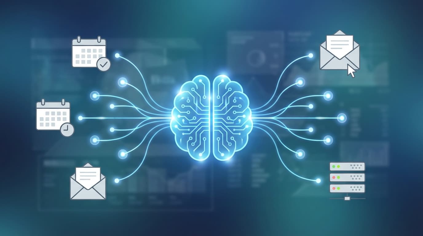 A conceptual diagram showing a central 'Master AI' brain glowing in blue, sending out smaller nodes