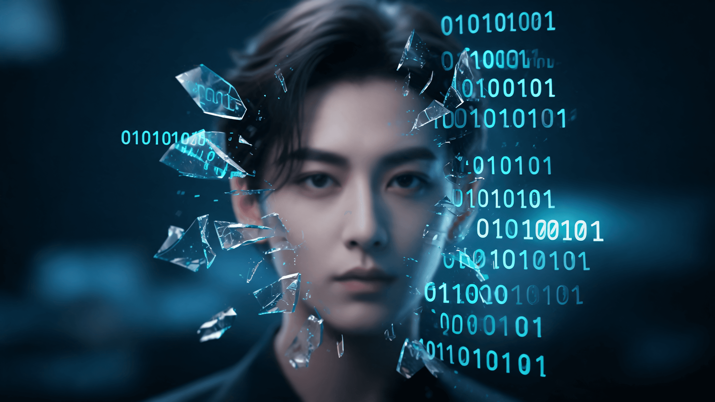 A conceptual, artistic representation of digital likeness and identity theft, showing a blurred cele