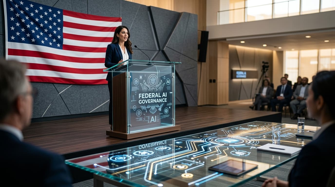 A modern, professional office scene featuring a digital podium with a U.S. flag in the background, s