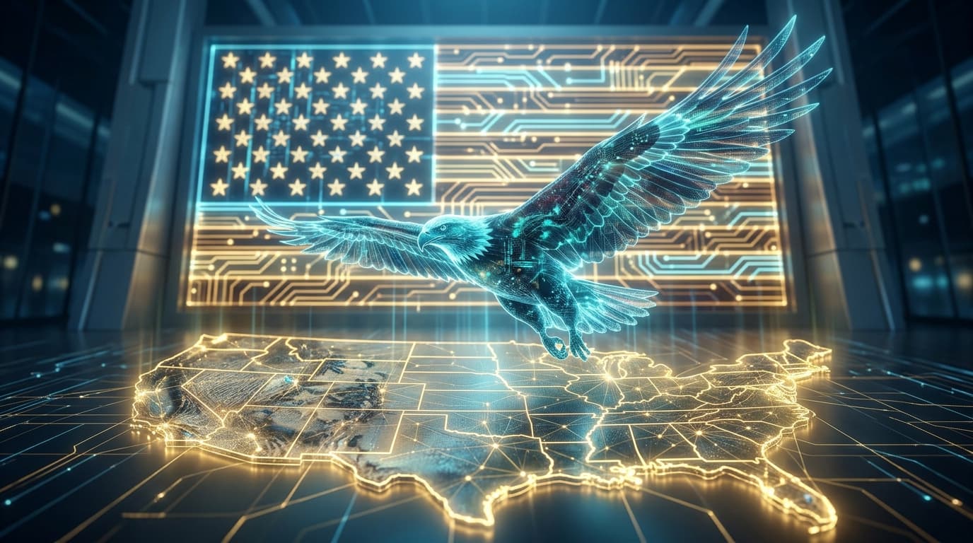 A futuristic American flag stylized with circuit board patterns, with a large, translucent digital e