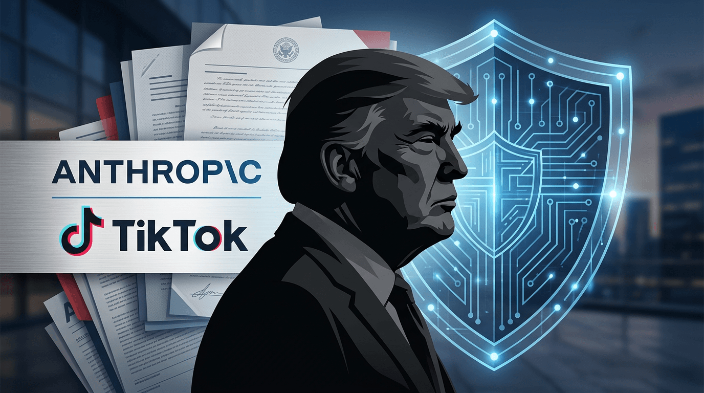 A political graphic showing a silhouette of Donald Trump alongside the logos of Anthropic and TikTok