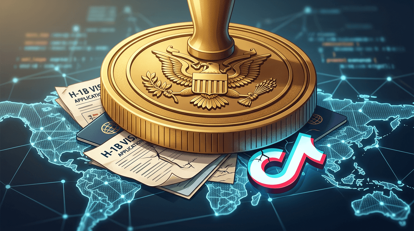 An editorial illustration showing a massive golden seal of the United States placed over a digital w