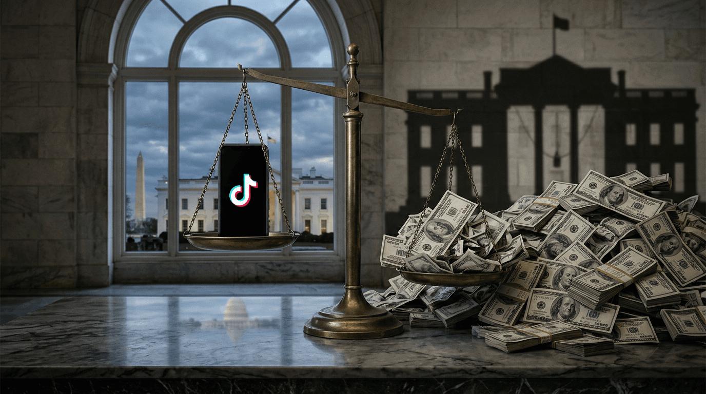 A scale weighing a smartphone with the TikTok logo against a massive pile of $100 bills, with the sh