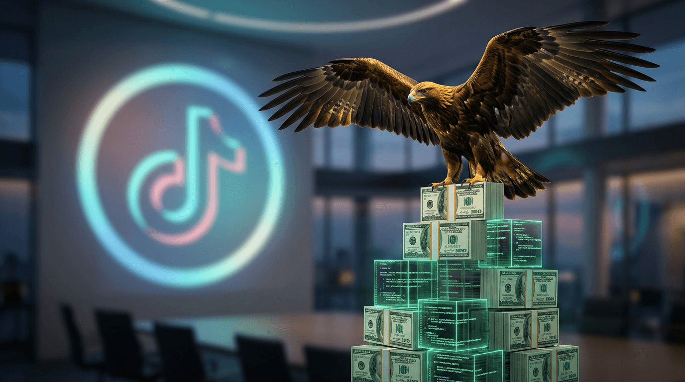 A cinematic conceptual image of a golden eagle perched on a stack of digital code and cash, with the
