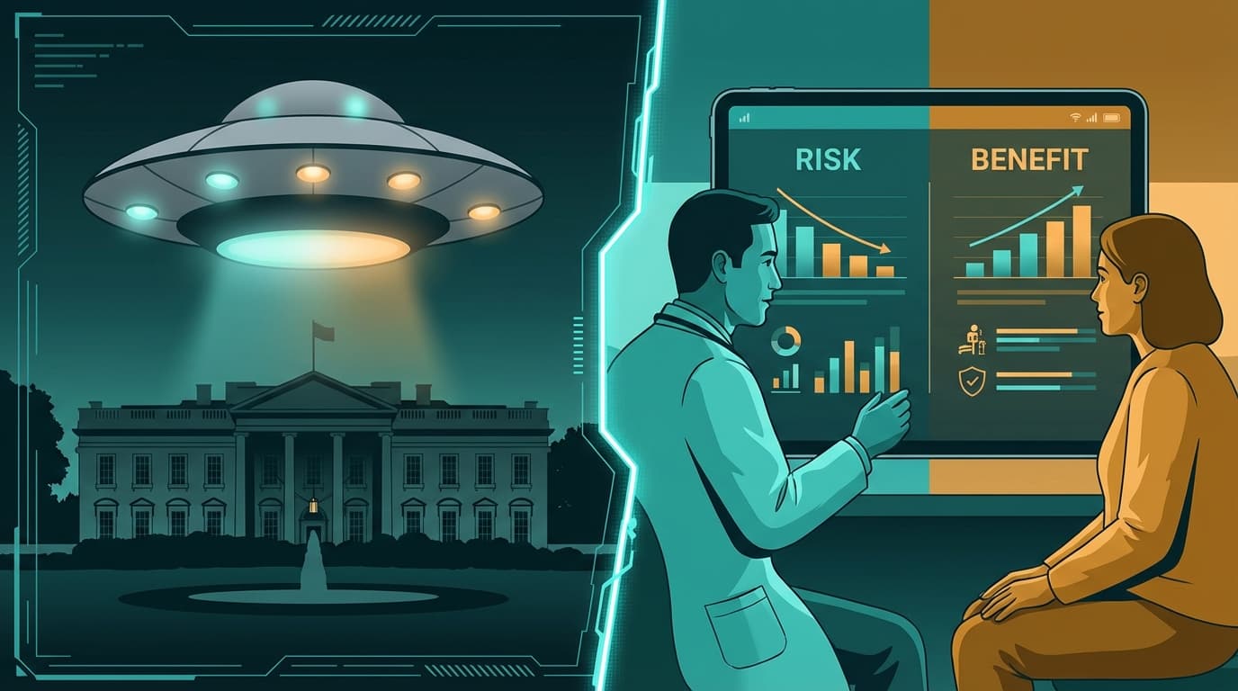 A split-screen digital art piece: the left side shows a classic gray saucer-shaped UFO hovering over