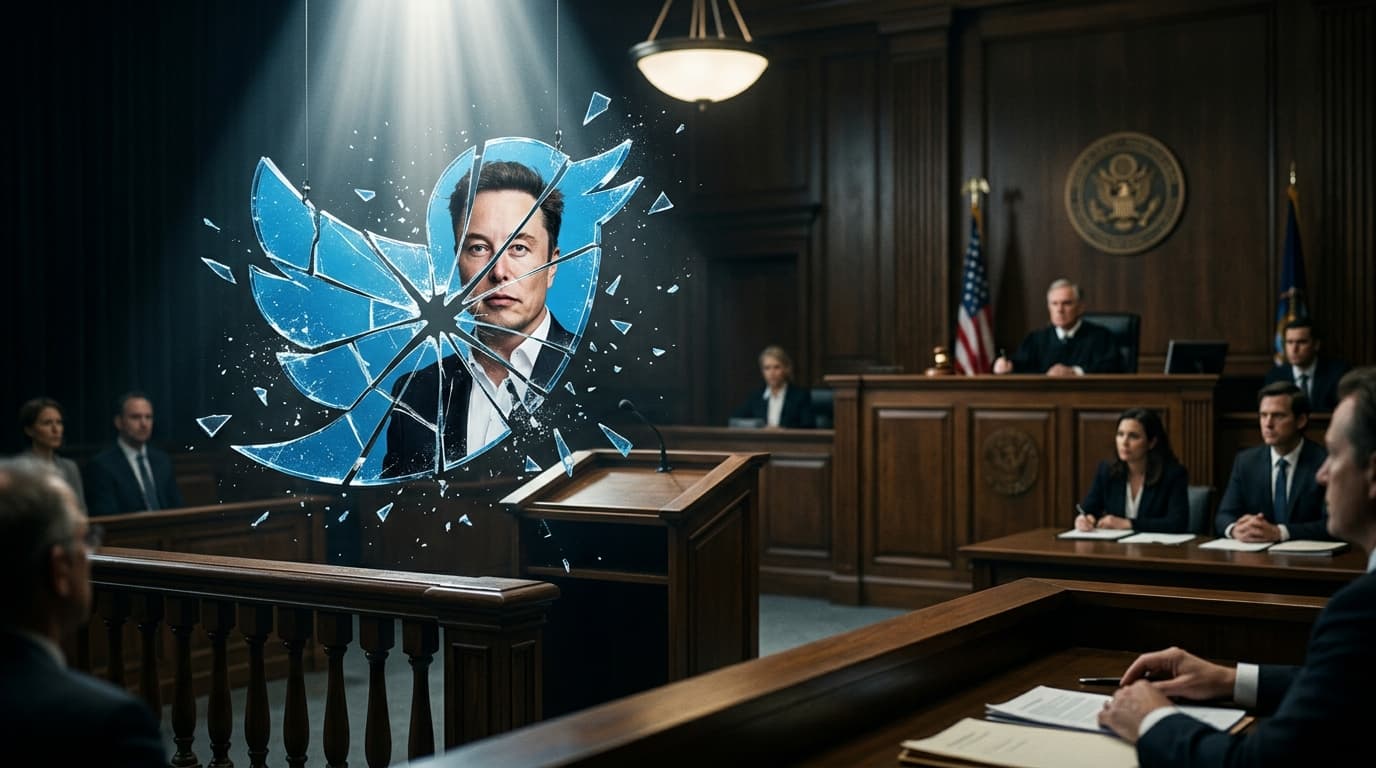 A courtroom scene showing a digital representation of a social media bird icon shattering, with an i