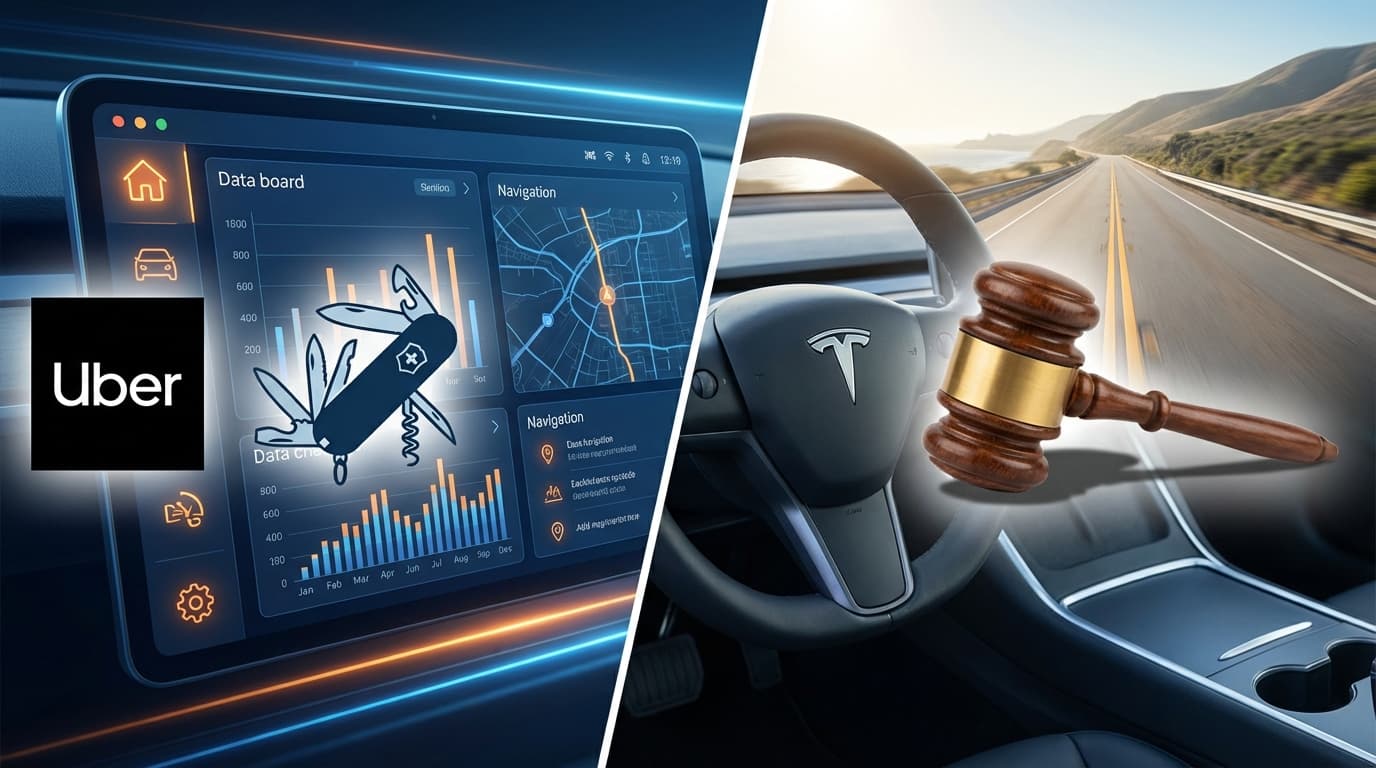 A split-screen visual: one side shows an Uber-branded dashboard with a 'Swiss Army Knife' of softwar