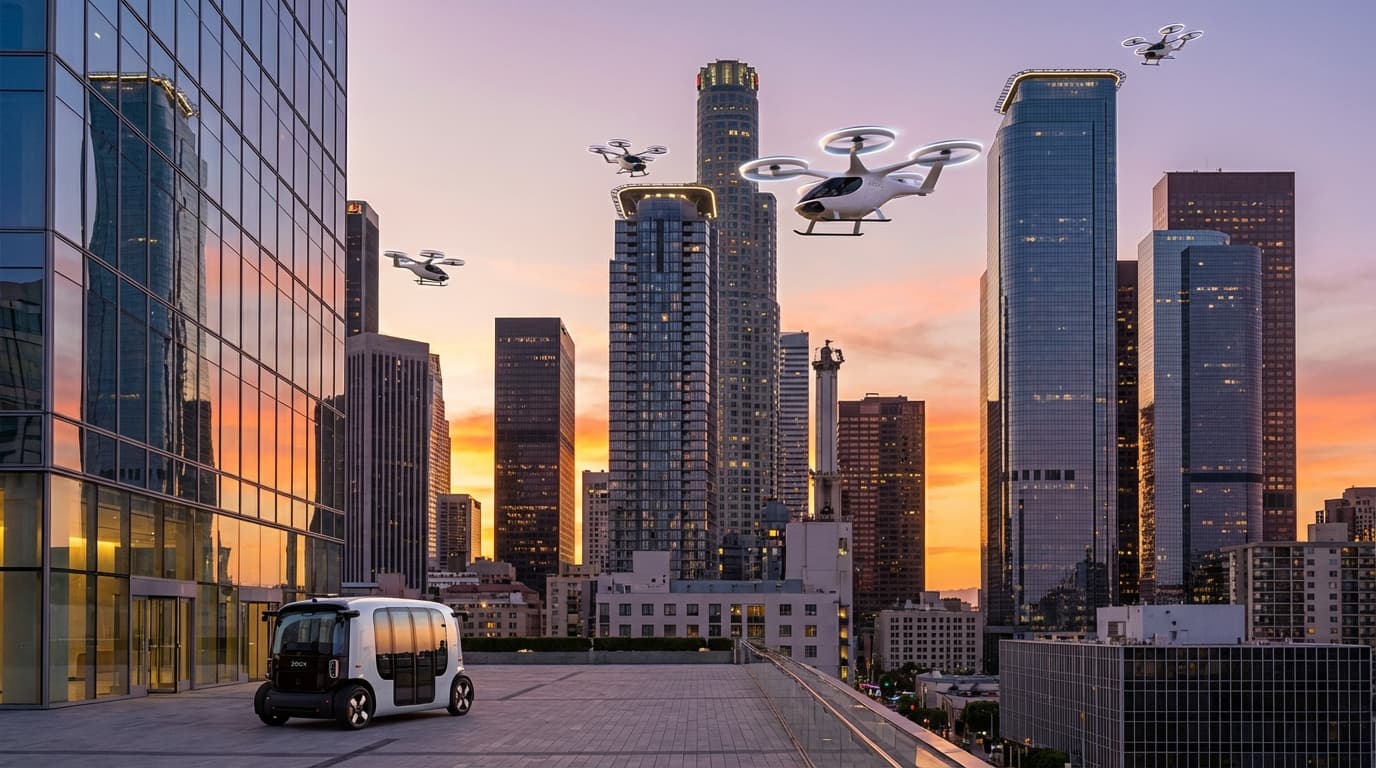 A vibrant sunset view of a futuristic American city skyline where several sleek, white electric air