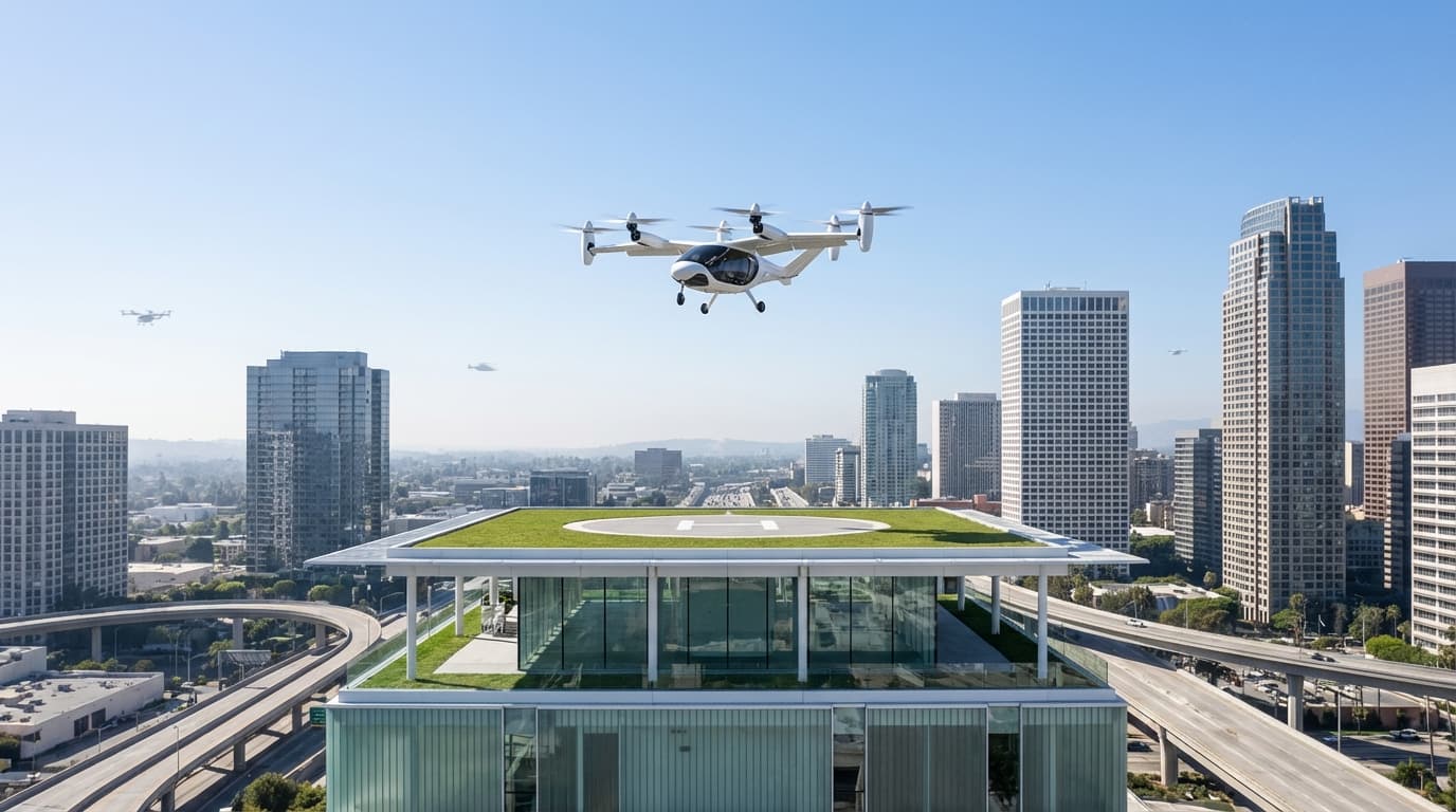 A futuristic aerial view of a sleek, white electric VTOL (flying car) ascending from a modern roofto