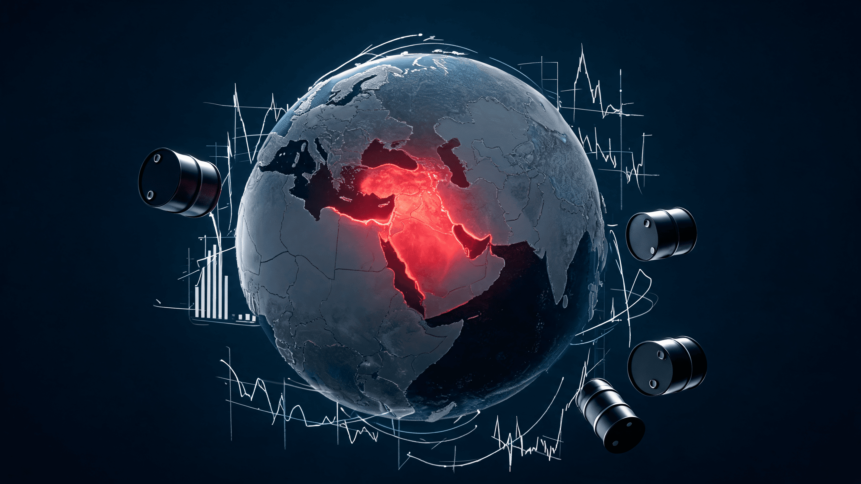 A conceptual digital illustration of a stylized globe with a glowing red heat-map over the Middle Ea