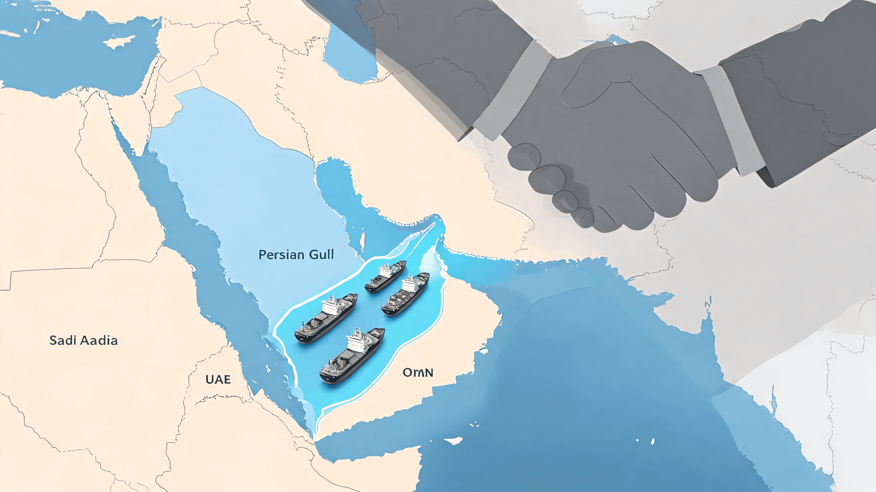 A digital map of the Middle East, specifically highlighting the Strait of Hormuz, with stylized oil