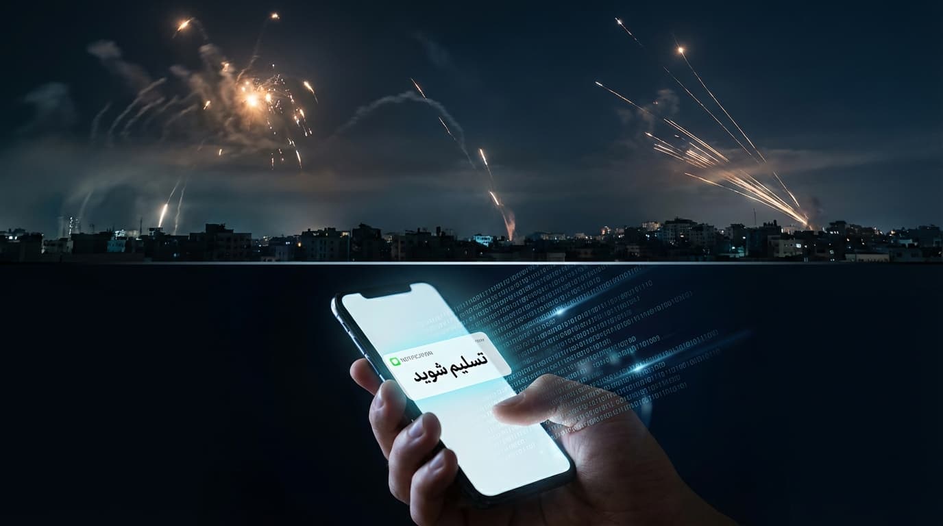 A dual-layered visual: The top half shows a dark sky lit by explosions and missile streaks over a ci