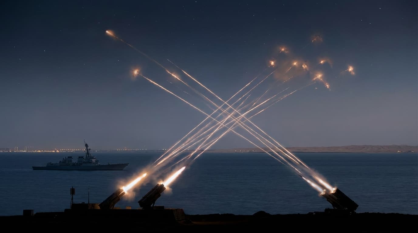 An intense night scene in the Persian Gulf, showing a flurry of interceptor missiles streaking into