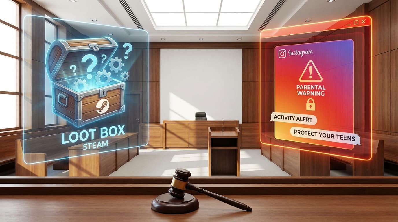 A courtroom setting with a digital overlay of a Steam loot box on one side and an Instagram notifica