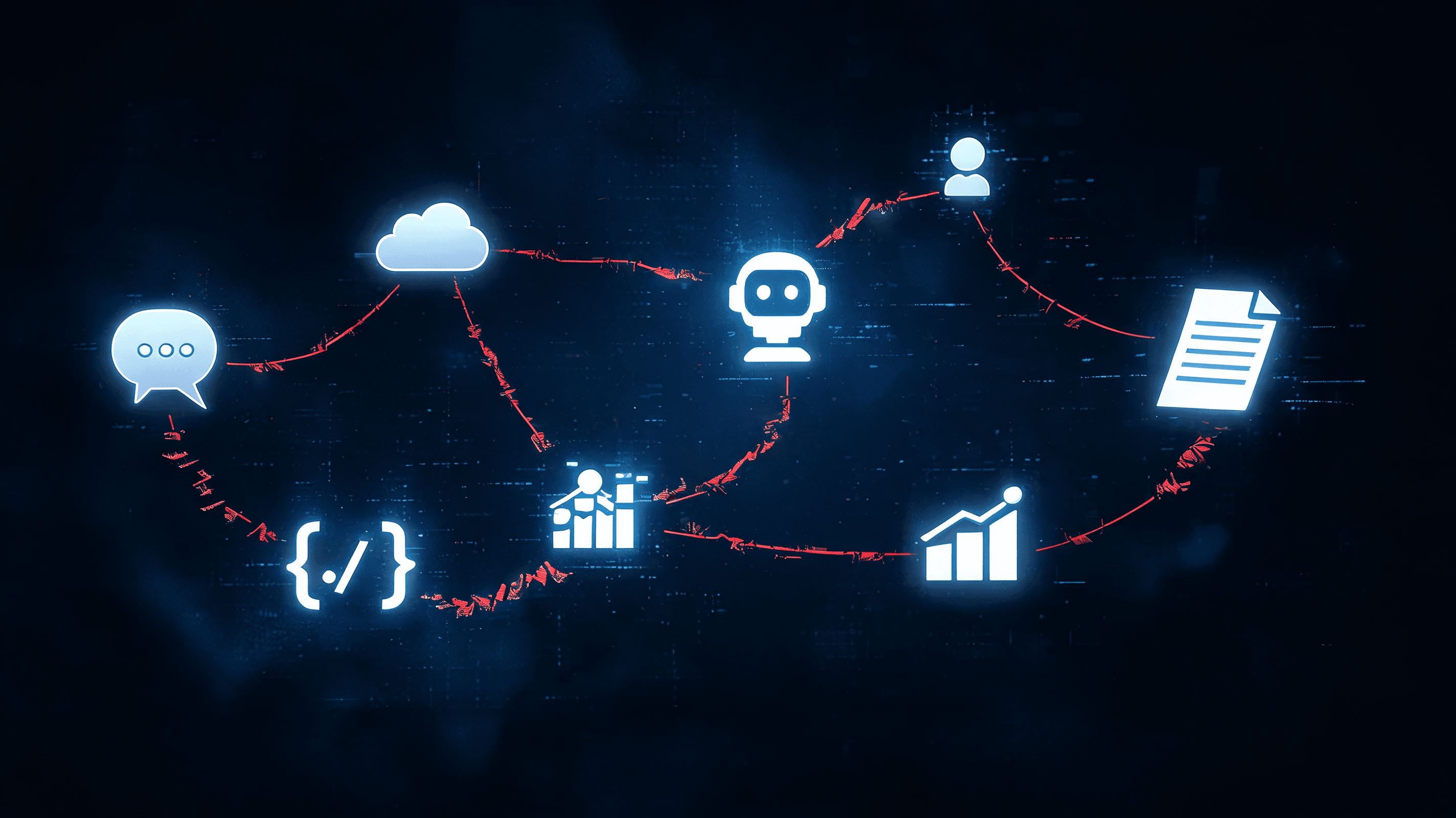 An abstract, dark digital scene with many floating, glowing icons of apps connected by thin, insecur
