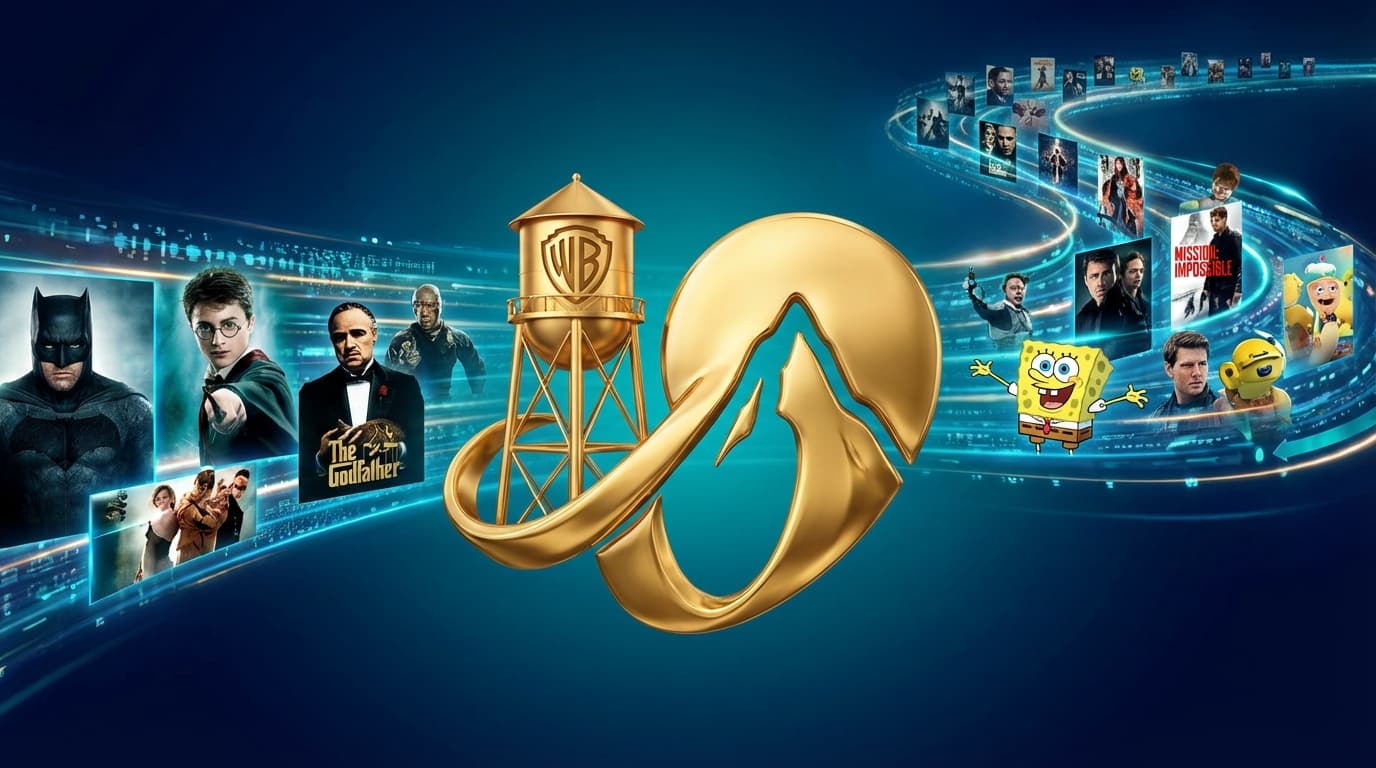 A cinematic collage showing the iconic Warner Bros. water tower and the Paramount mountain peak merg