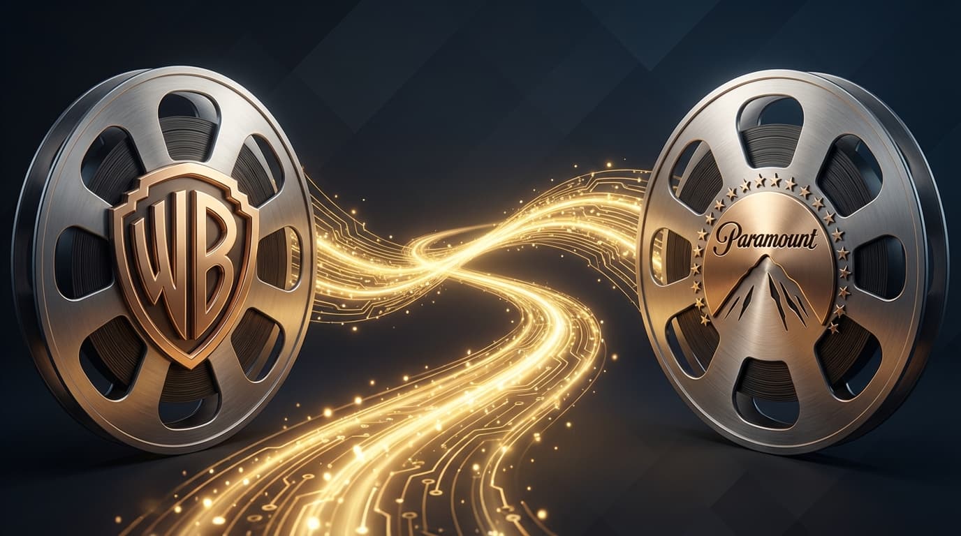 Two giant cinematic reels, one with the Warner Bros logo and one with the Paramount mountain, mergin