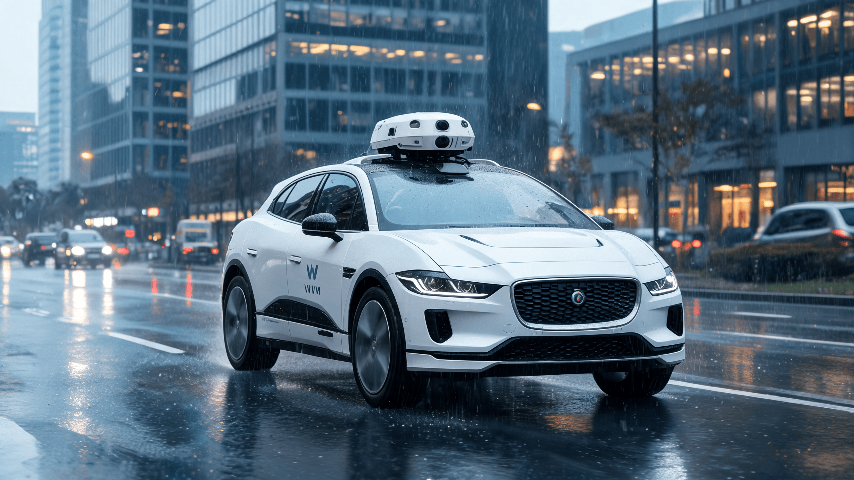 A Waymo autonomous robotaxi driving on a city street during a light rainstorm, with high-tech sensor