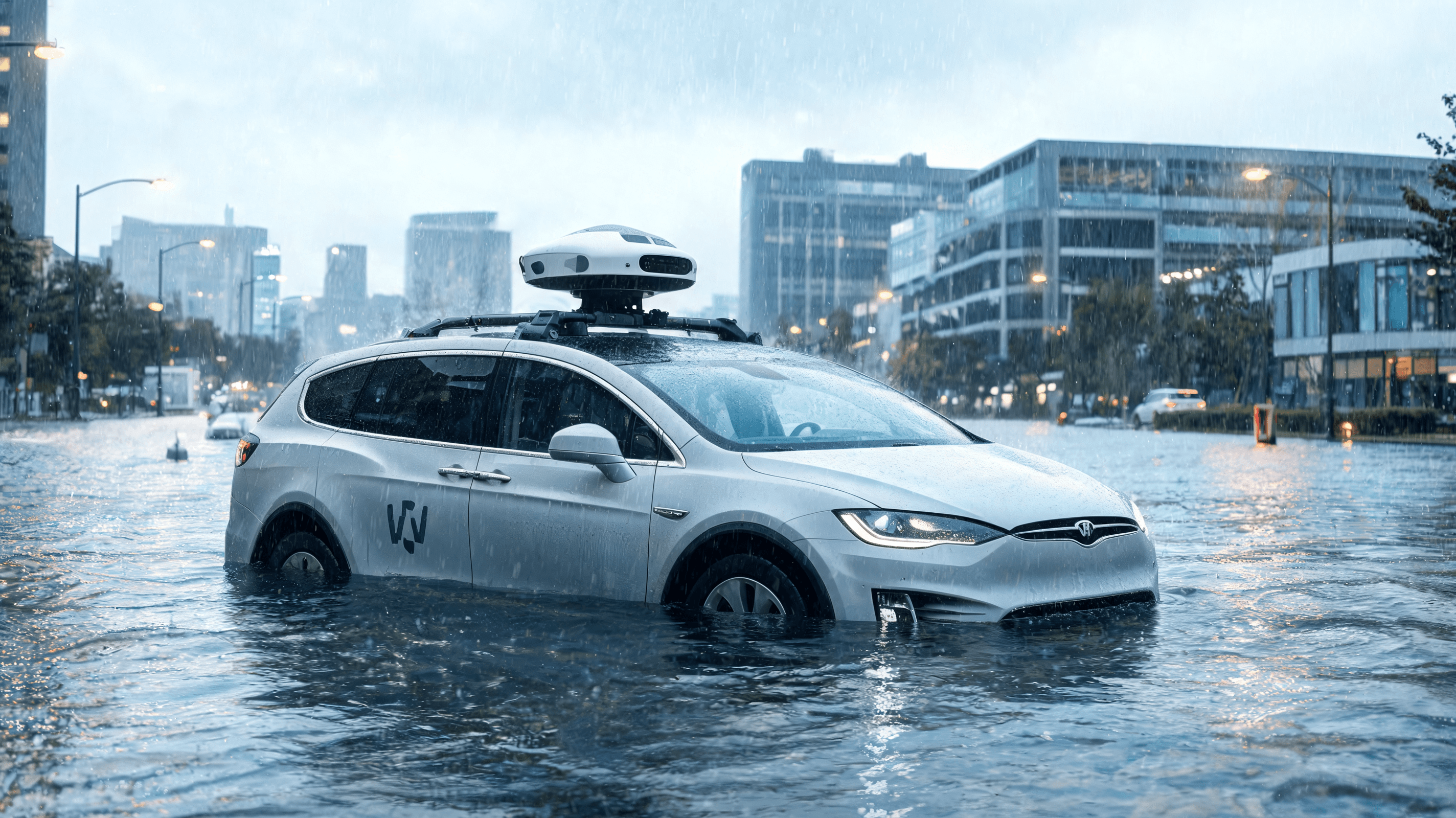 A Waymo autonomous vehicle with sensors on top, partially submerged in street water during a rainy d