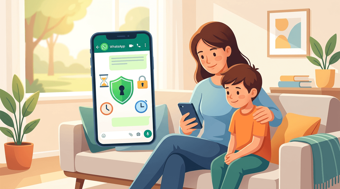 A warm, brightly lit illustration showing a mother and her young son sitting together on a sofa, loo