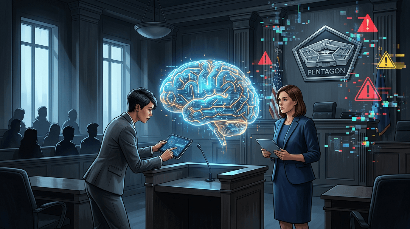 A digital illustration of a courtroom where a glowing AI brain is being examined by lawyers, with sh