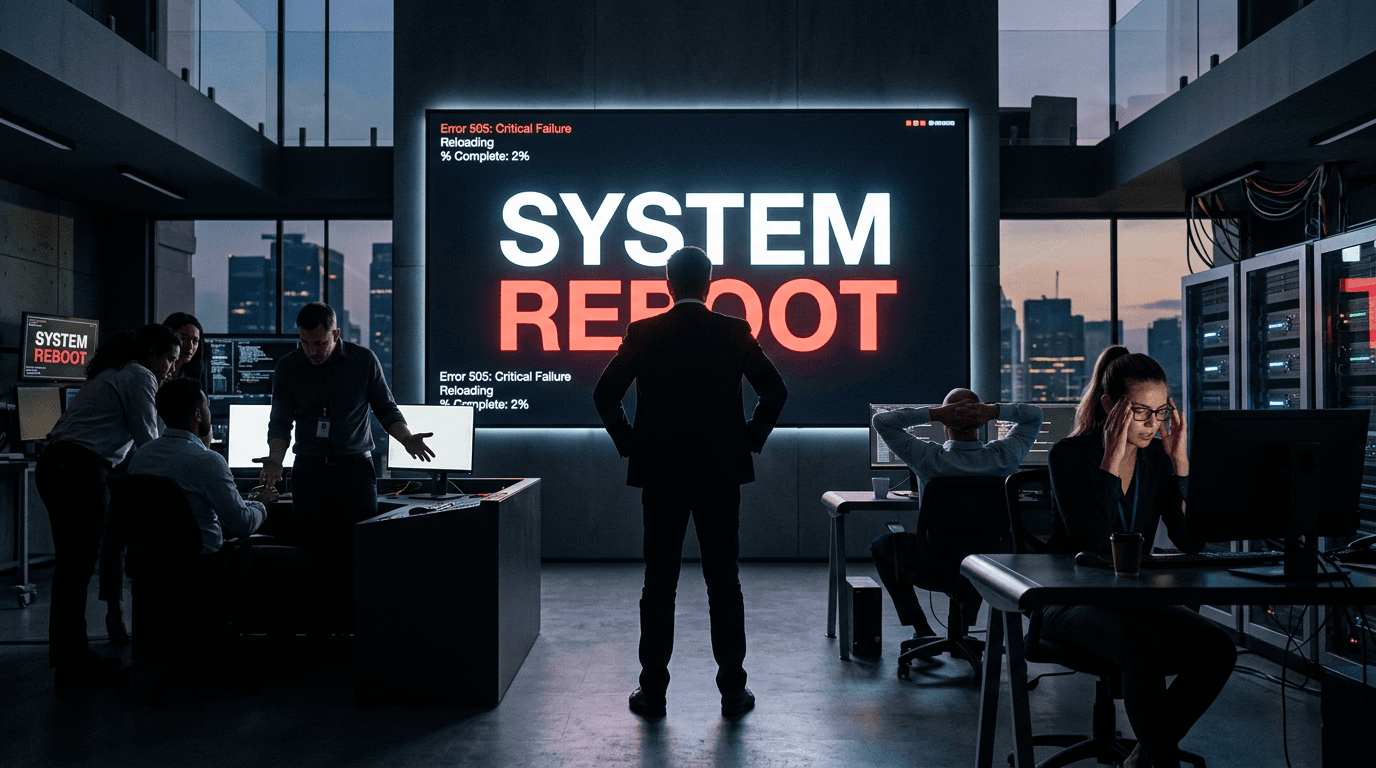 A dimly lit office space with an Elon Musk-like figure silhouetted against a large screen showing a