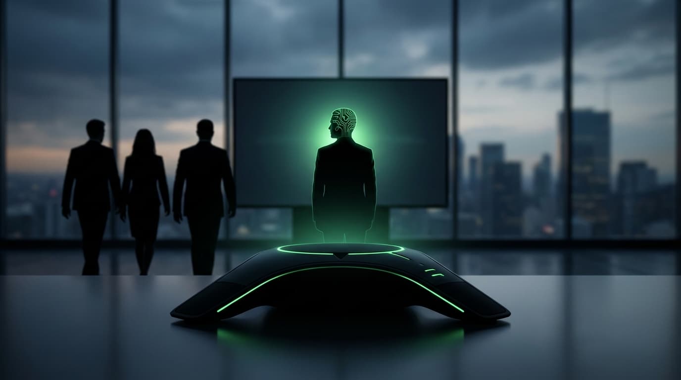 A futuristic Xbox console silhouette against a dramatic corporate background. Silhouettes of departi