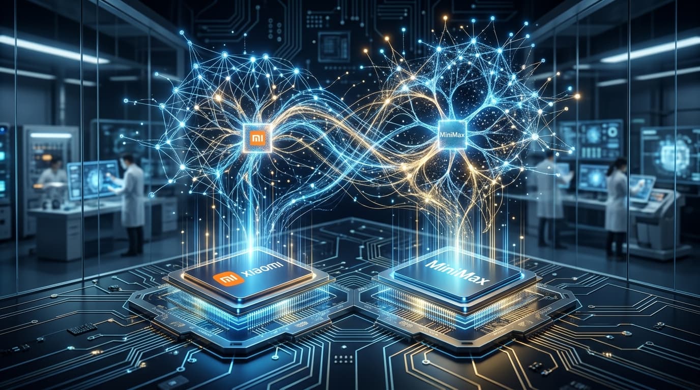 A futuristic high-tech laboratory scene with two glowing central processing units, one labeled with