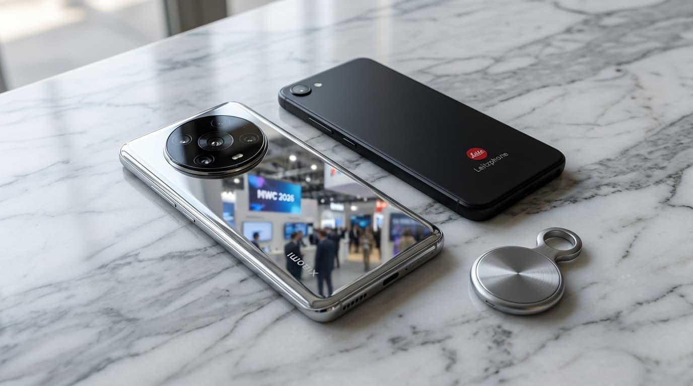 A close-up shot of the Xiaomi 17 Ultra and the Leitzphone lying on a sleek marble surface. The camer