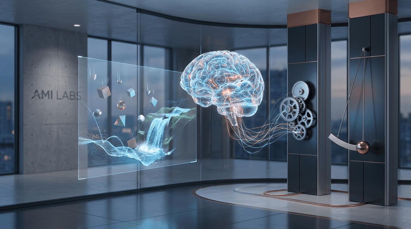 An artistic visualization of a translucent human-like AI brain observing a 3D simulation of falling