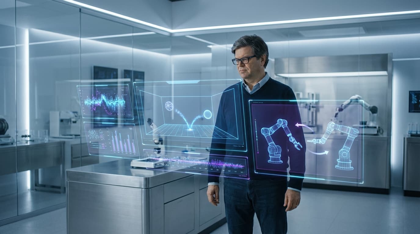 A visionary portrait of Yann LeCun in a futuristic laboratory setting, surrounded by transparent hol